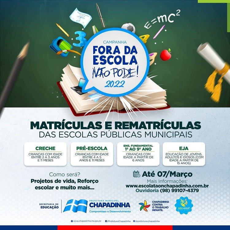 Abertas as matrículas 2022 nas escolas da Rede Municipal de Ensino de Chapadinha-MA.